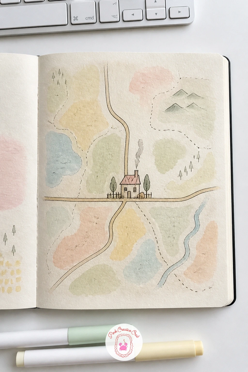 Map Background House — Sketch loose wavy lines across the page to suggest roads and borders, then fill a few small shapes between them with pale sage or butter