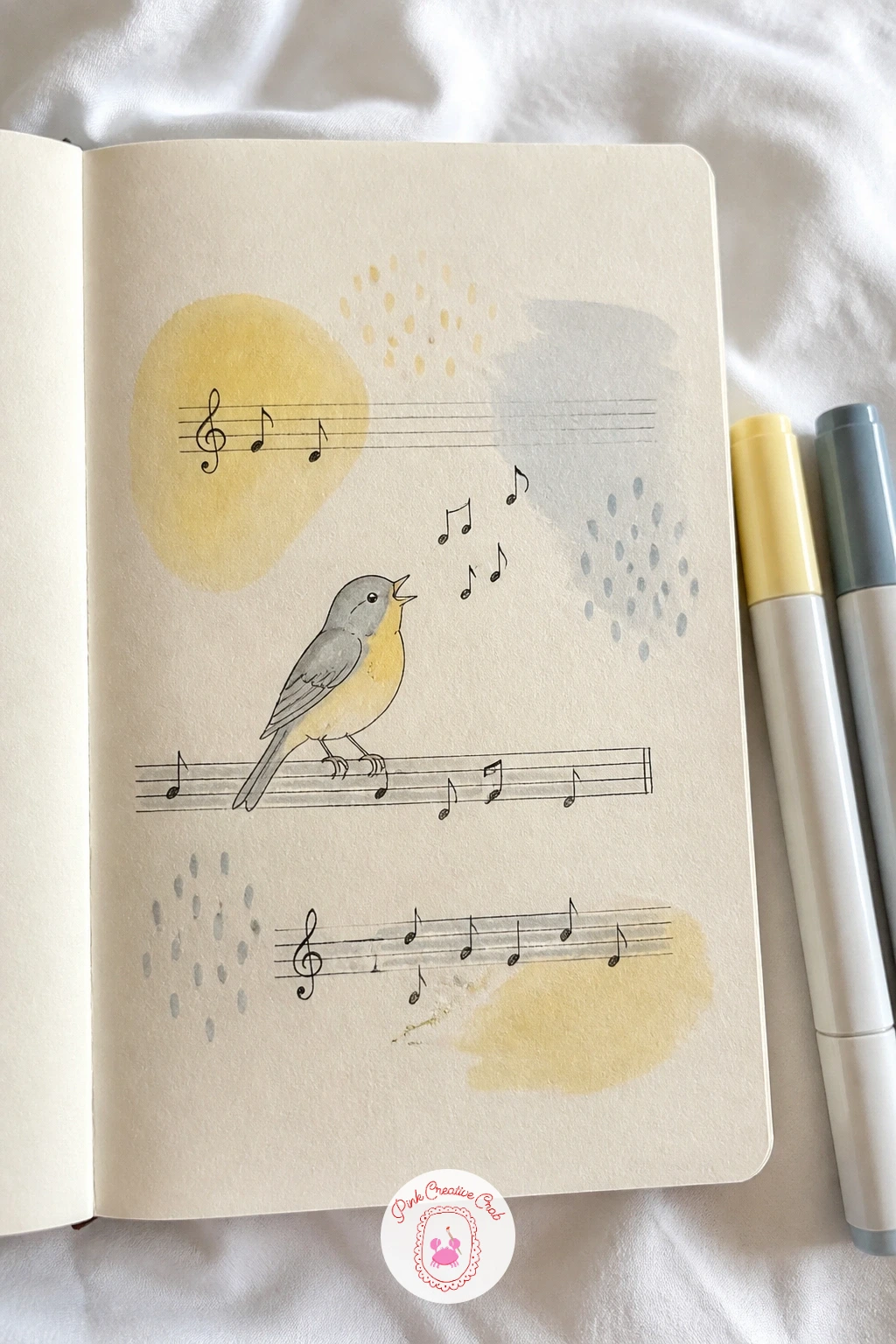 Sheet Music Bird — Draw five faint horizontal lines in pale grey pen running across the page to suggest a musical staff, then add a scattering of simple note