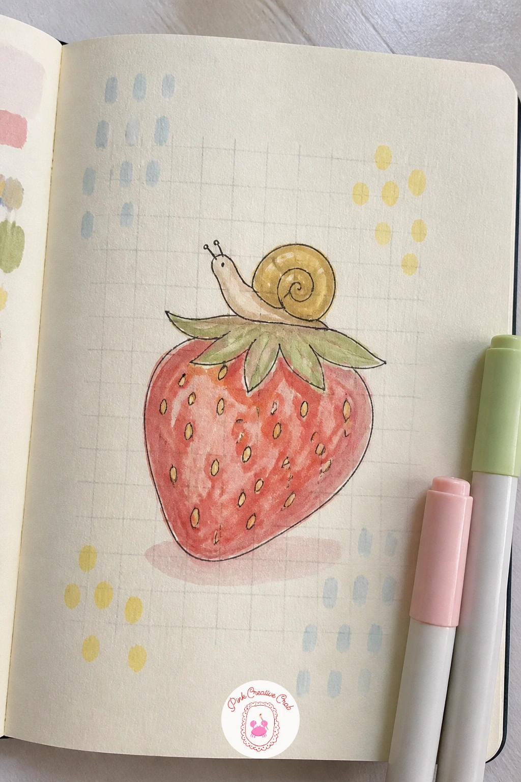 Grid Snail on Strawberry — Rule a fine, even grid of small squares across the whole page in pale pencil or light grey pen, keeping the lines thin so the grid