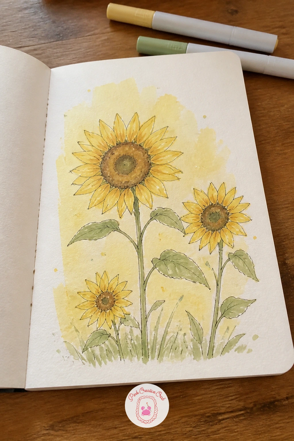 Sunny Sunflowers — Brush a warm yellow wash across the whole page, slightly deeper toward the bottom, so the paper itself feels sun-warmed before anything else