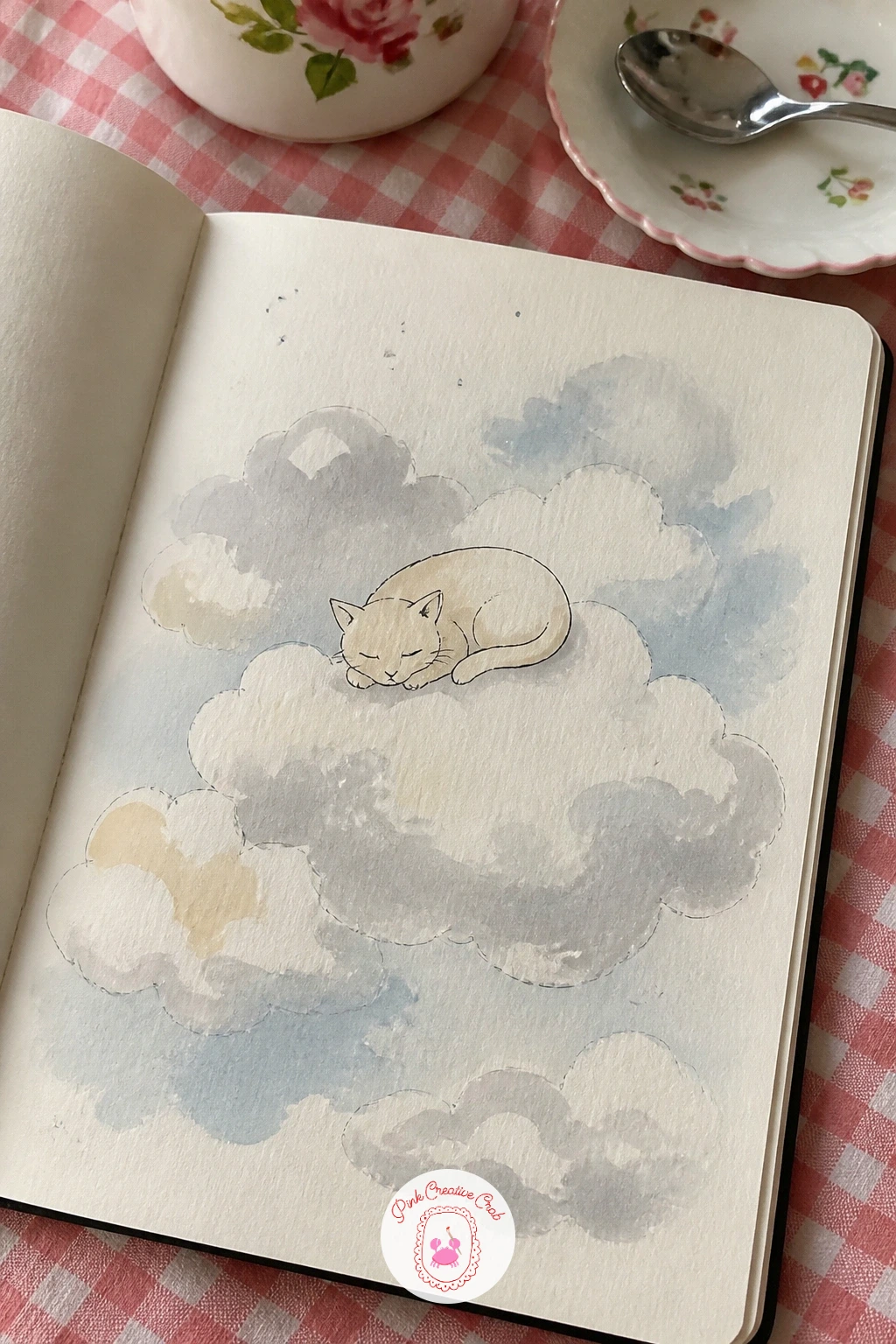 Cloud Texture Sleeping Cat — Dab a soft white and pale grey wash across the page in loose, puffy cloud shapes, leaving generous cream space between them so the