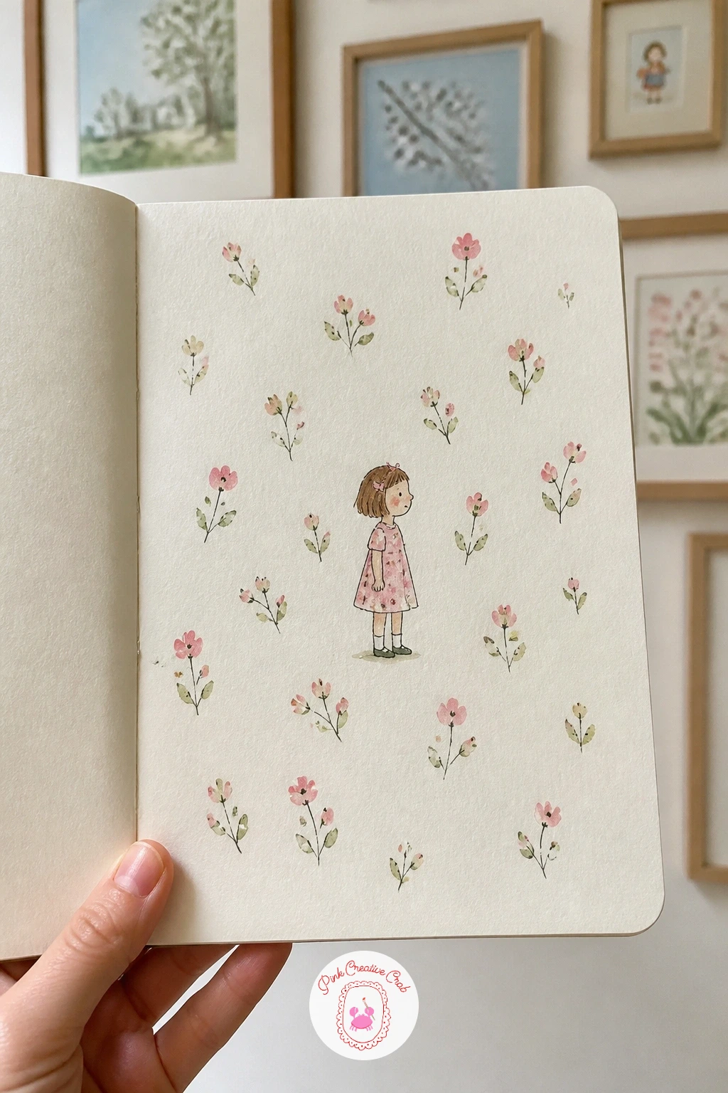 Floral Pattern Girl — Paint a scattered pattern of small simple flowers across the page first, a few dabs of pink or sage for petals with a single dot center