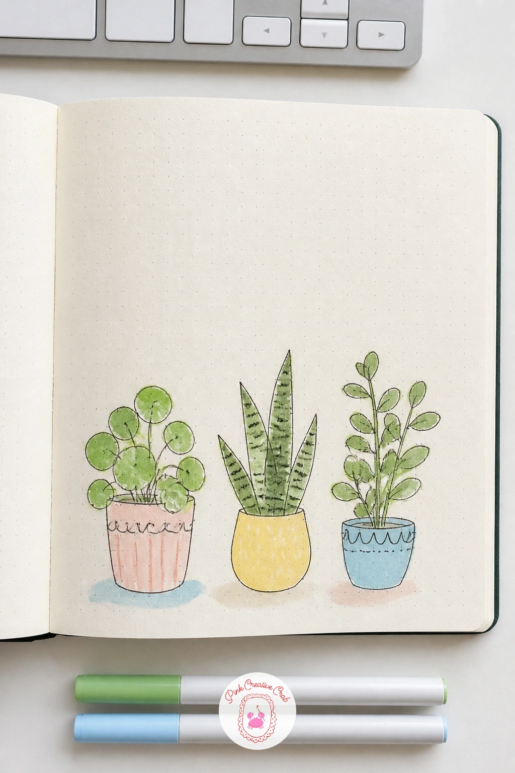 Dotted Grid Plants — Mark a faint, evenly spaced dotted grid across the page using a fine pencil or light grey pen, just small dots at regular intervals rather