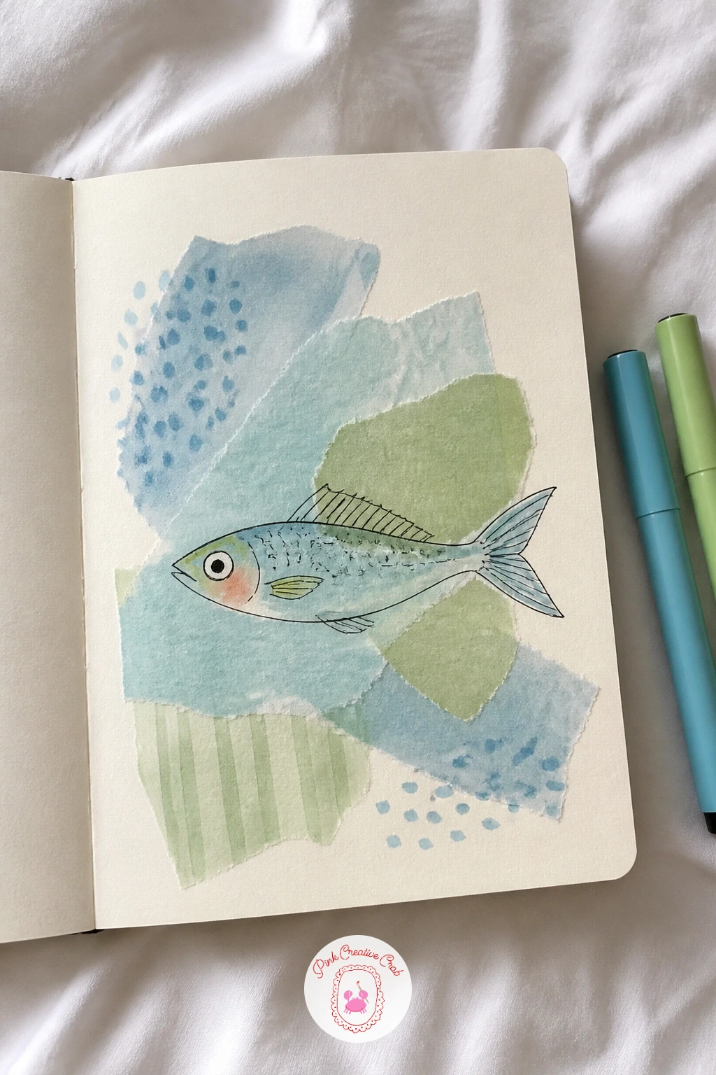 Tissue Collage Fish — Tear small irregular pieces of colored tissue paper in blues and greens, then glue them down in overlapping patches across the lower half