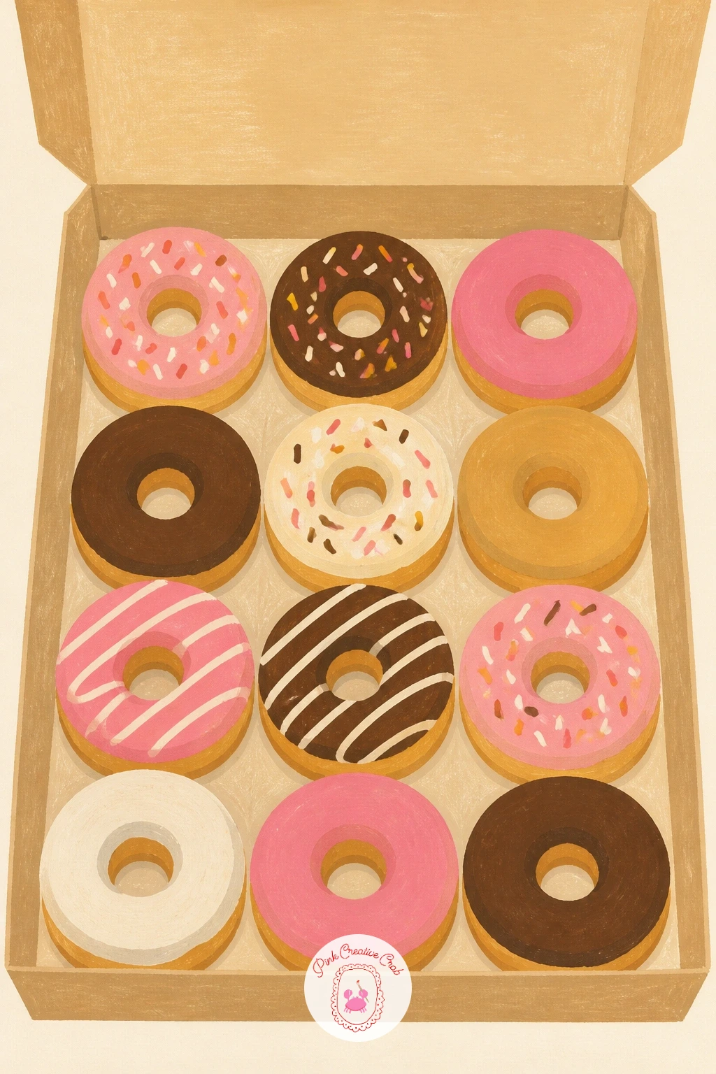 Box of a Dozen Donuts — Once one donut feels easy, try a box of a dozen donuts opened flat on the page, a grid of little rounds that lets you repeat shapes