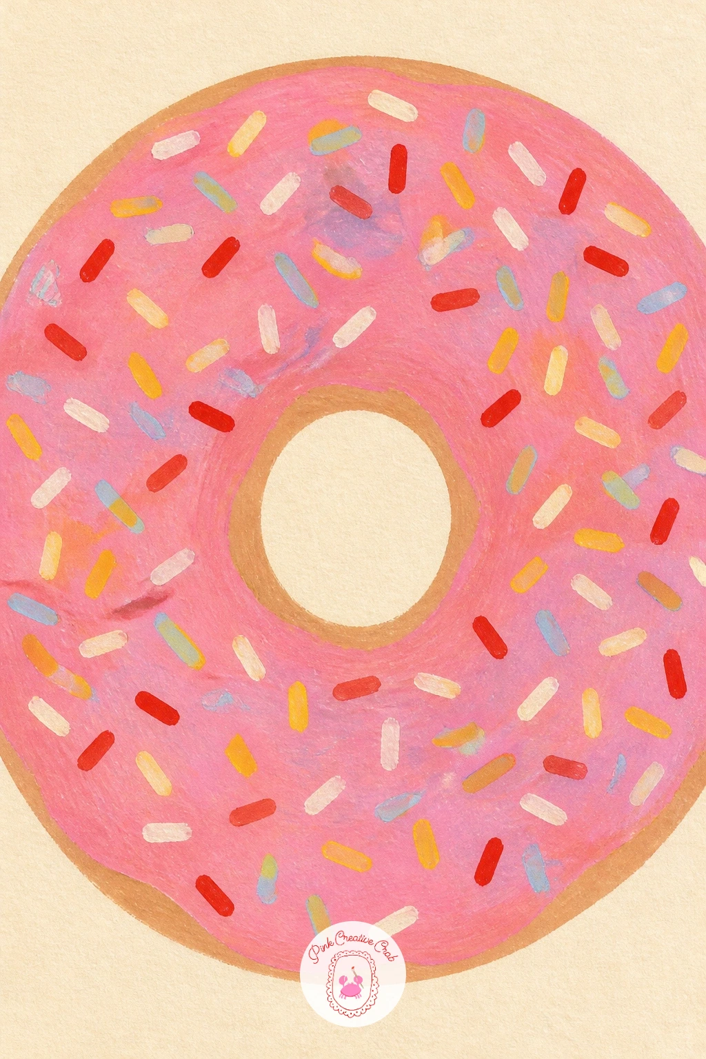 Pink Glazed Donut With Sprinkles — Start the whole set with the one everyone pictures first: a pink glazed donut with sprinkles, painted big and centered so it