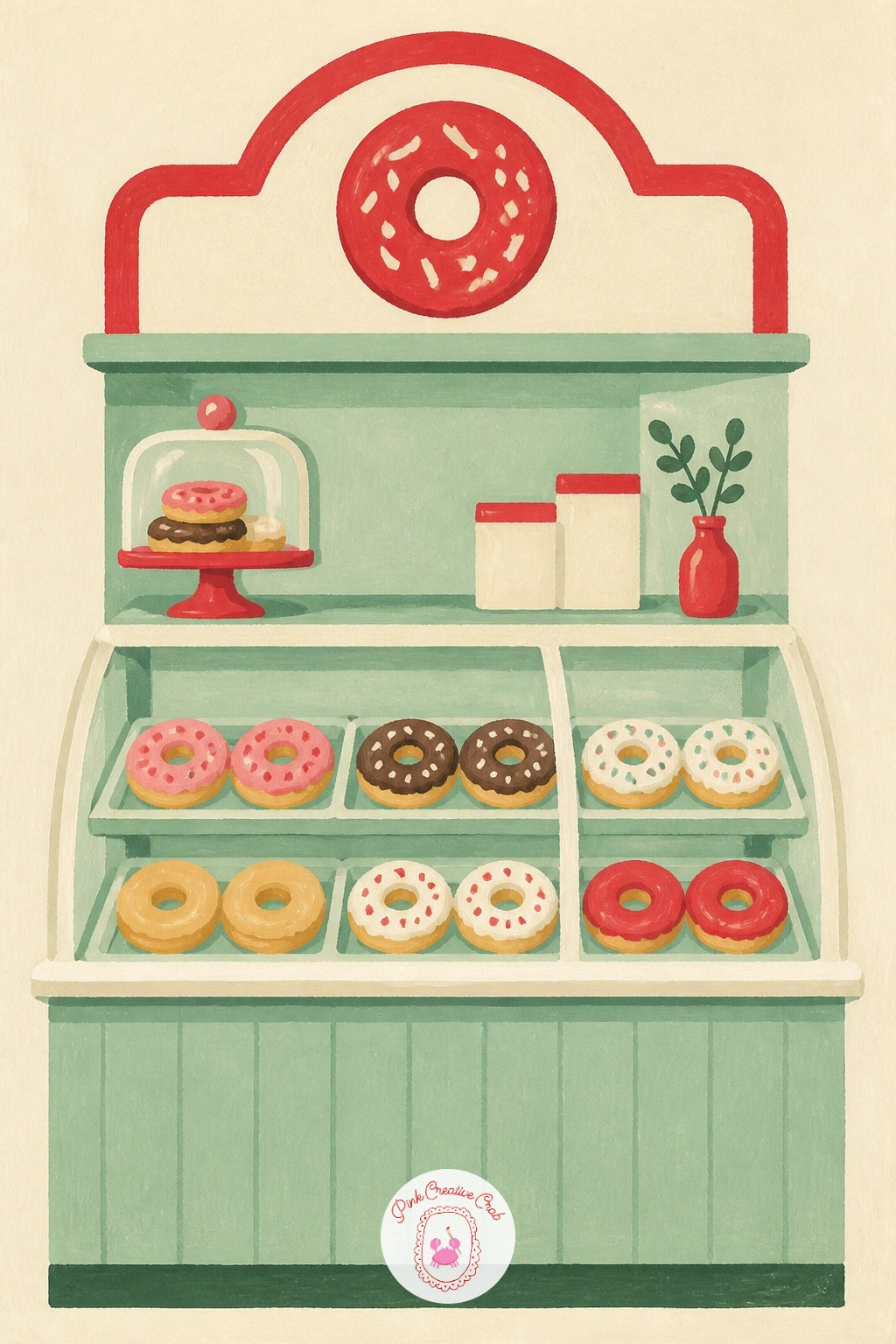 Donut Shop Counter — Bring in a whole setting with a donut shop counter, glass case up front, rows of donuts lined up behind it, maybe a little bell or a sign