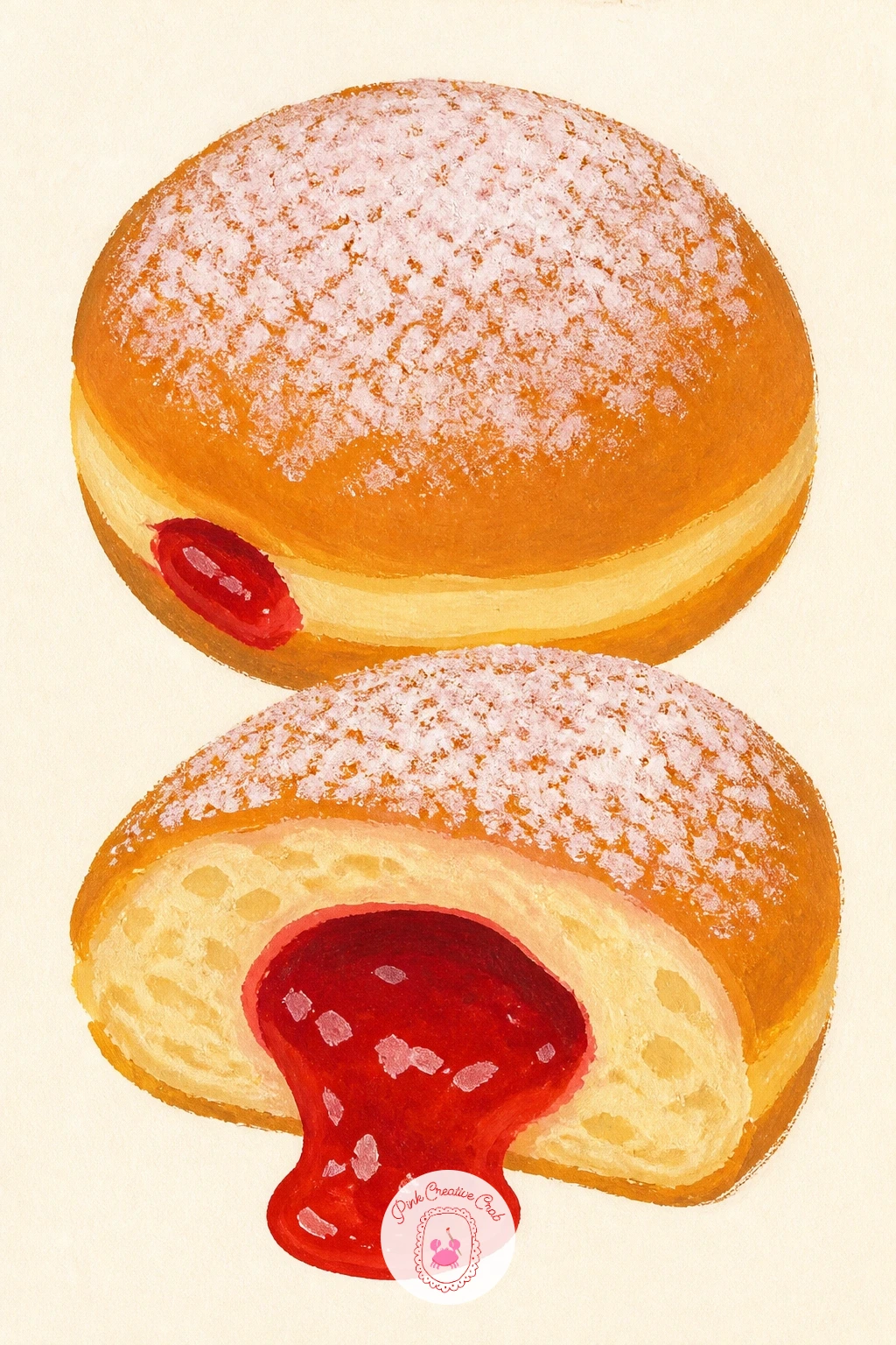 Strawberry Filled Donut — Cut into the next one for a strawberry filled donut, shown cut in half so the jam center spills a little at the cut edge. Donut