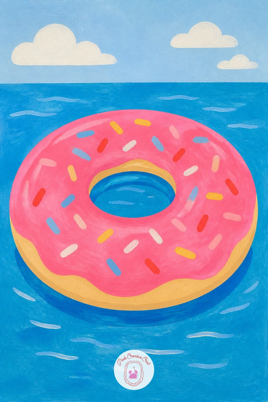 Giant Donut Pool Float — Scale things way up for a giant donut pool float, bobbing on flat blue water with the sky as a plain backdrop. Donut drawing