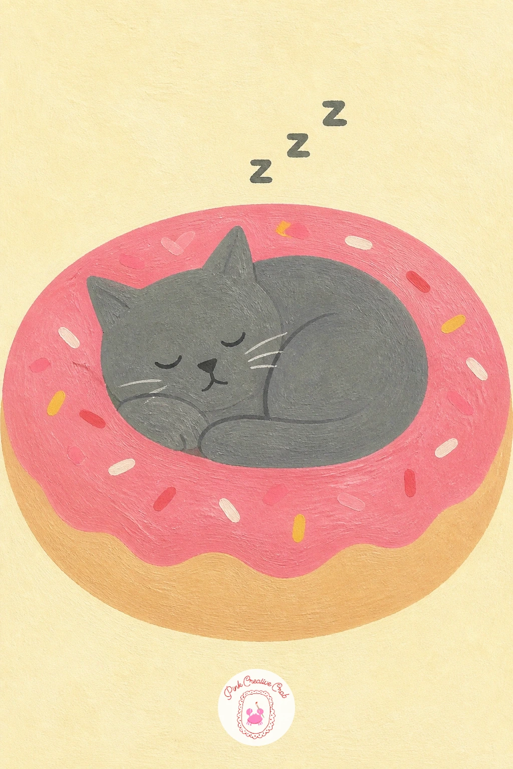 Cat Asleep in a Donut Bed — Add a pet to the mix with a cat asleep in a donut bed, the donut shape reimagined as a cozy round cushion the cat curls into. Donut