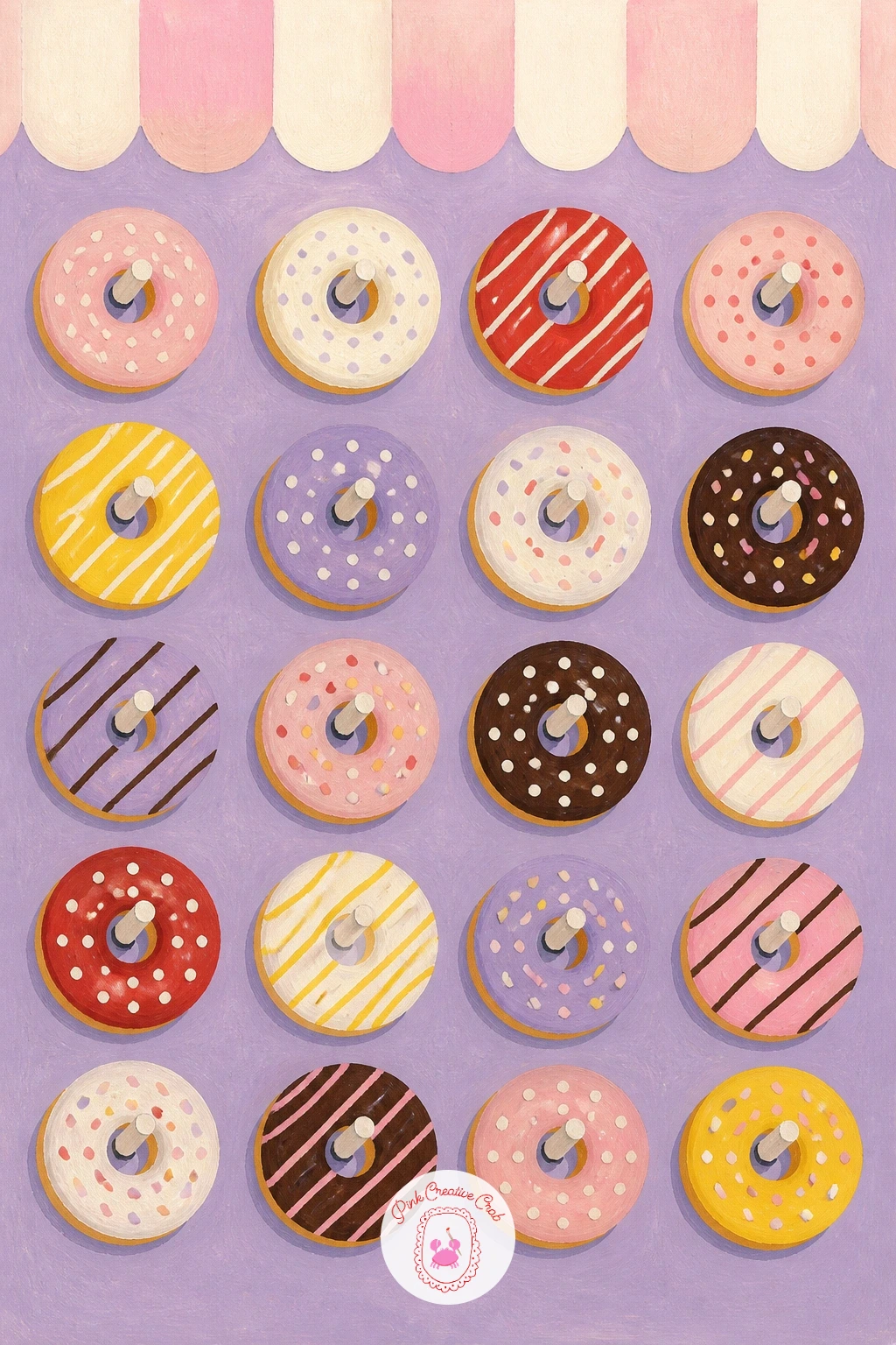 Donut Wall at a Party — Zoom out to a donut wall at a party, rows of donuts hung on little pegs against a backdrop, the kind of setup that photographs