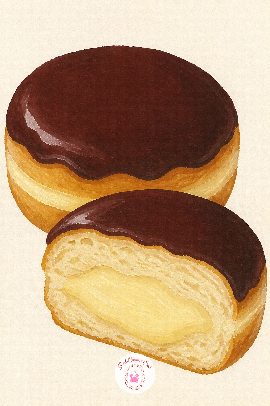 Boston Cream Donut — Move to a boston cream donut, its flat chocolate top making a satisfying contrast with the pale custard hiding inside. Donut drawing