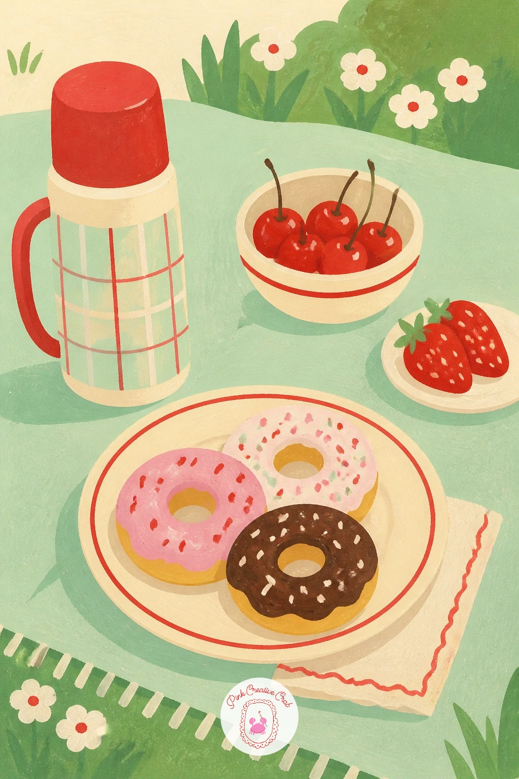 Donut Picnic — Widen the scene into a donut picnic, a small spread laid out on a blanket with a few donuts, a thermos and maybe a piece of fruit. Donut drawing