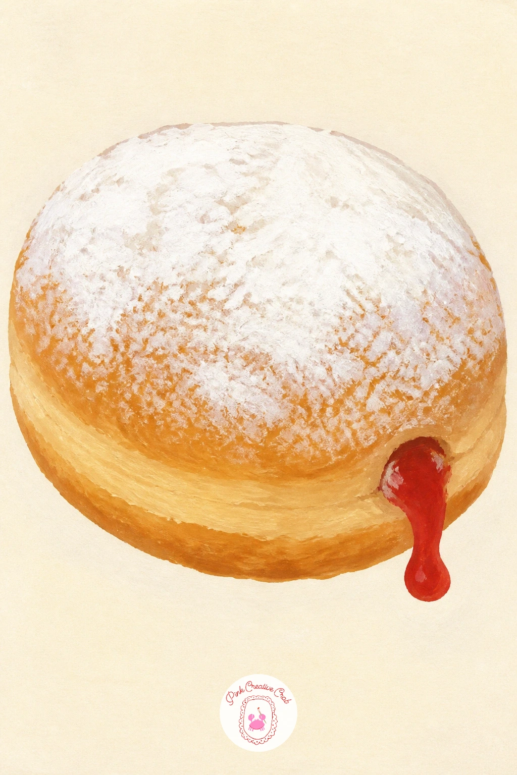 Powdered Jam Donut — Return to a plainer finish with a powdered jam donut, its whole surface coated in white powdered sugar with jam peeking out from one small