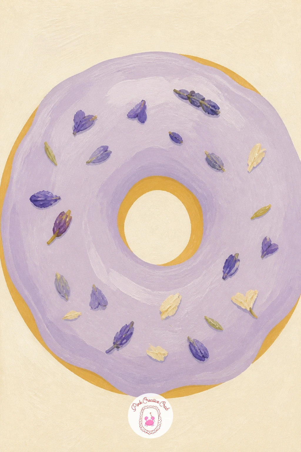 Lavender Donut With Petals — Soften the whole mood with a lavender donut with petals, its pale purple glaze scattered with a few tiny dried flower petals