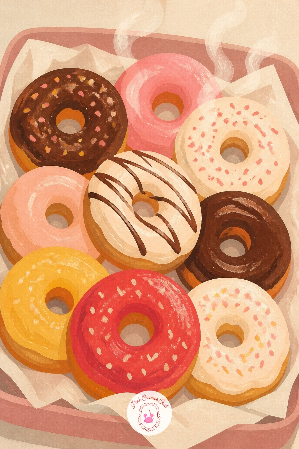 Tray of Fresh Donuts — Step back into a bakery moment with a tray of fresh donuts, several resting loosely on a baking tray lined with paper, the kind of