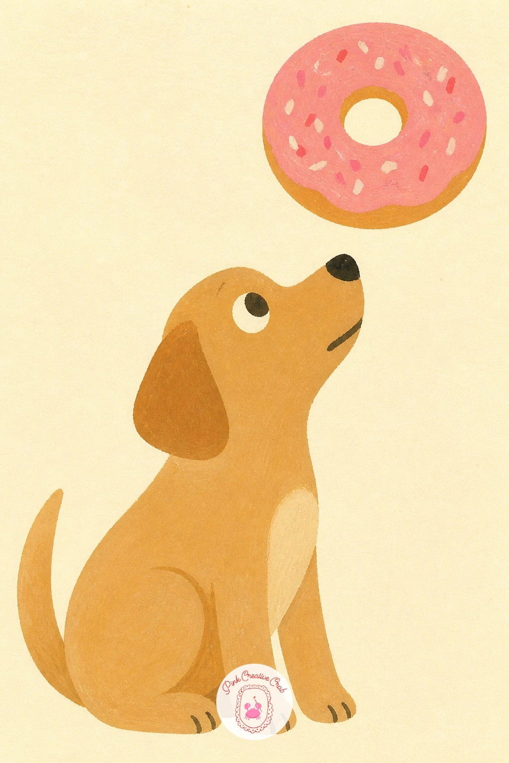 Dog Eyeing a Donut — Bring the comedy in with a dog eyeing a donut, the dog sitting just below a donut held or placed slightly out of reach, its whole
