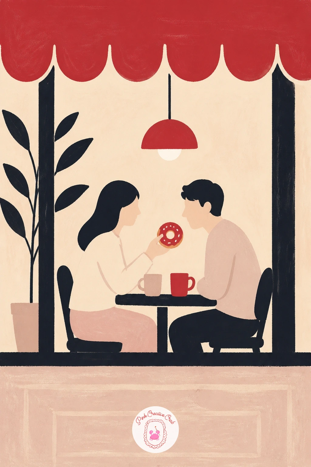 Donut Date at a Cafe Window — Frame a quieter scene with a donut date at a cafe window, two simple figures seated at a small table seen through a window shape