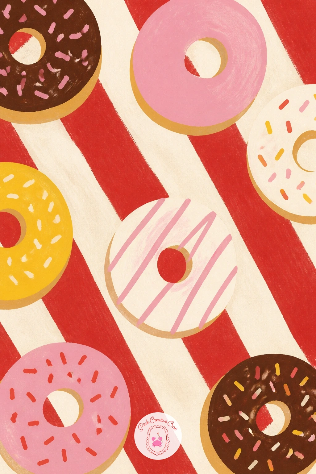 Donuts on a Striped Picnic Cloth — Close the set with donuts on a striped picnic cloth, a few donuts arranged loosely over a bold striped fabric pattern that