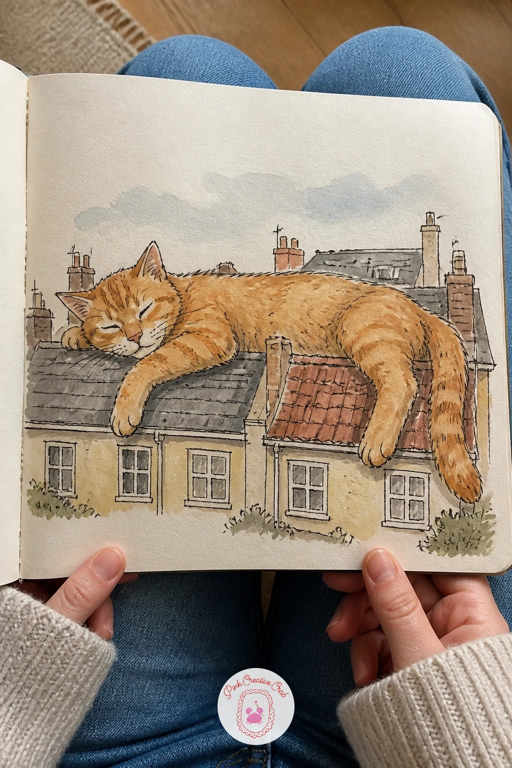 Ginger Cat Napping Across Rooftops — Start with the easiest pose in this whole set: a ginger cat sprawled flat across a row of rooftops, paws dangling over the
