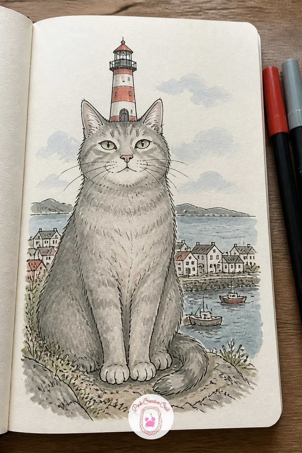 Cat Sitting on a Lighthouse Like a Hat — Move on to a cat wearing a lighthouse the way a child wears a traffic cone: perched right on top, striped tower poking