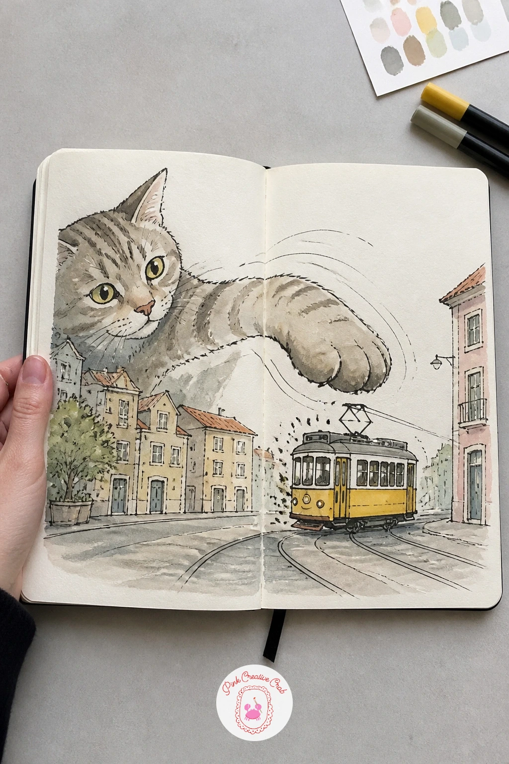 Cat Batting at a Passing Tram — Give the page some motion with a cat swatting a tram the way it would bat at a toy on a string. Cool sketchbook ideas