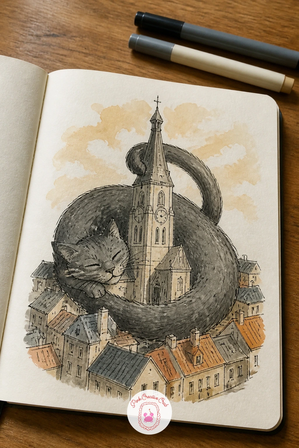 Cat Curled Around a Church Tower — Curl a cat around a church tower the way it would wrap itself around a table leg. Cool sketchbook ideas
