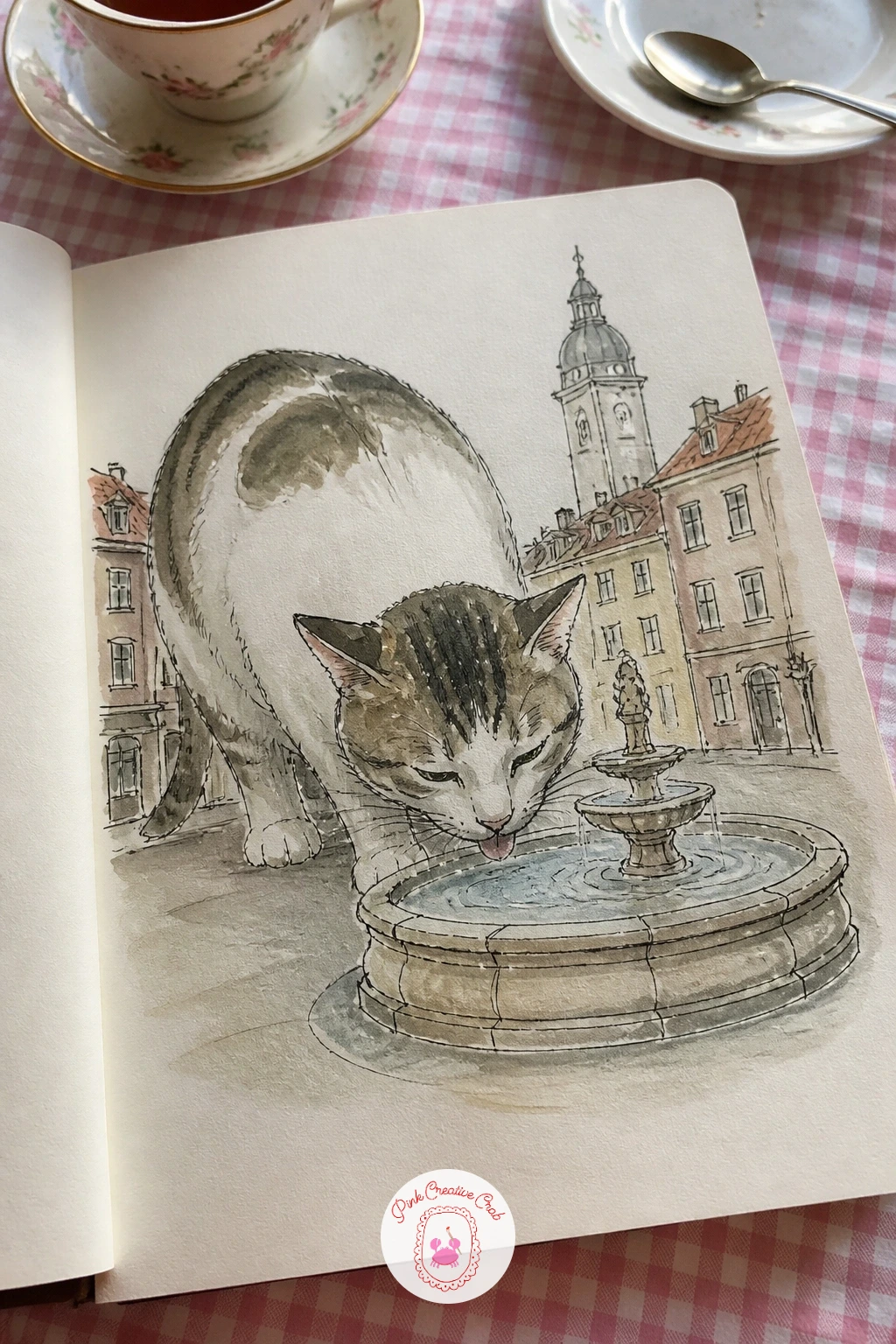Cat Drinking From the City Fountain — Let a cat lap at a city fountain as if it were an ordinary water bowl, head bent low over the basin with the whole square