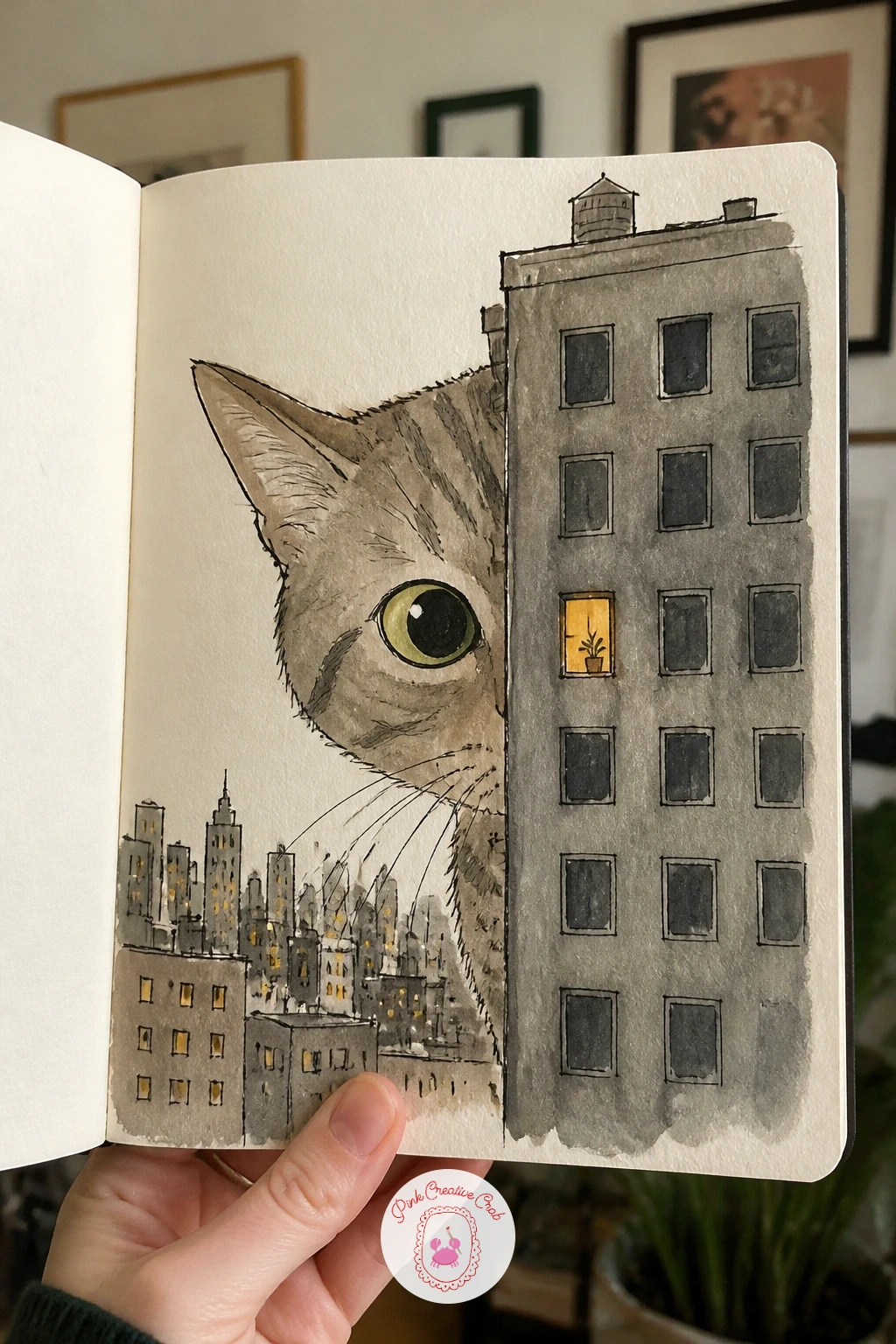 Cat Peering Into a Skyscraper Window — Put the cat's whole face up against a skyscraper the way it would press its nose to a fish tank. Cool sketchbook ideas