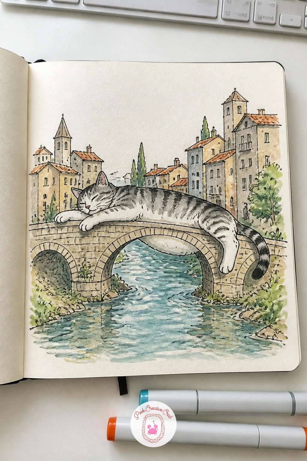 Cat Using a Bridge as a Bed — Stretch a cat out along a bridge the way it would claim the back of a sofa. Cool sketchbook ideas