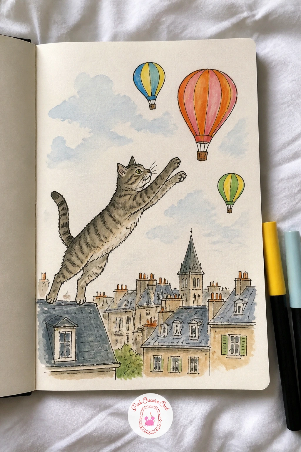 Cat Chasing Hot Air Balloons — Send a cat leaping after a cluster of hot air balloons the way it would chase a feather toy. Cool sketchbook ideas