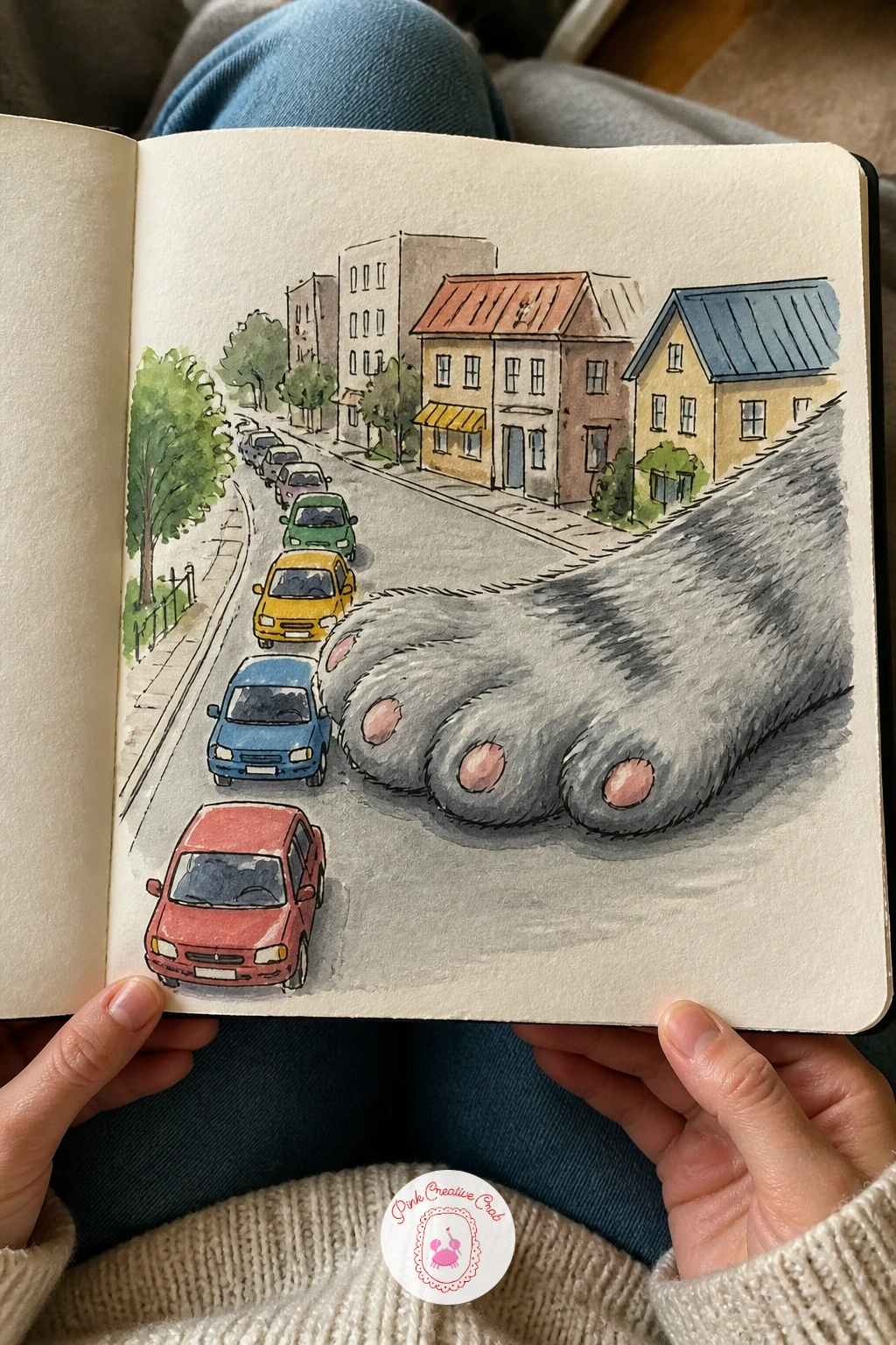 Cat Paw Stopping Traffic — Bring in a single giant paw pressed flat across a street full of tiny cars, the way a cat blocks a hallway without a second thought.