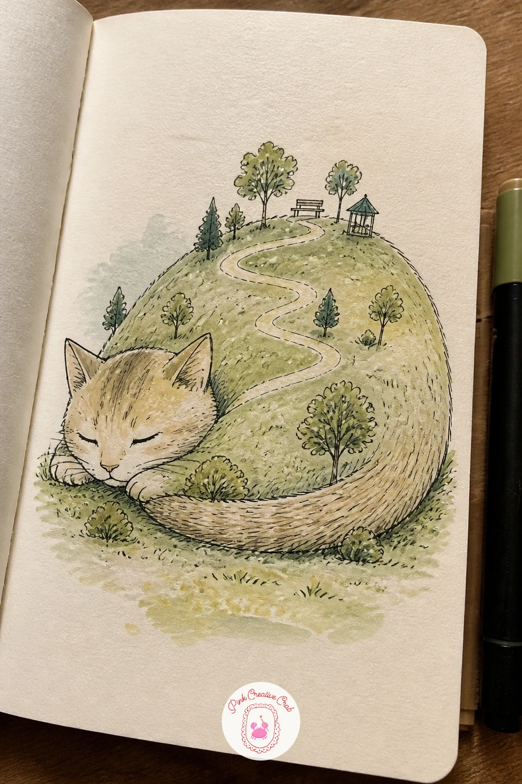 Cat Lying in the Park Like a Hill — Let a cat take up an entire park the way it would claim a whole blanket, body rounded into a long gentle hill shape with