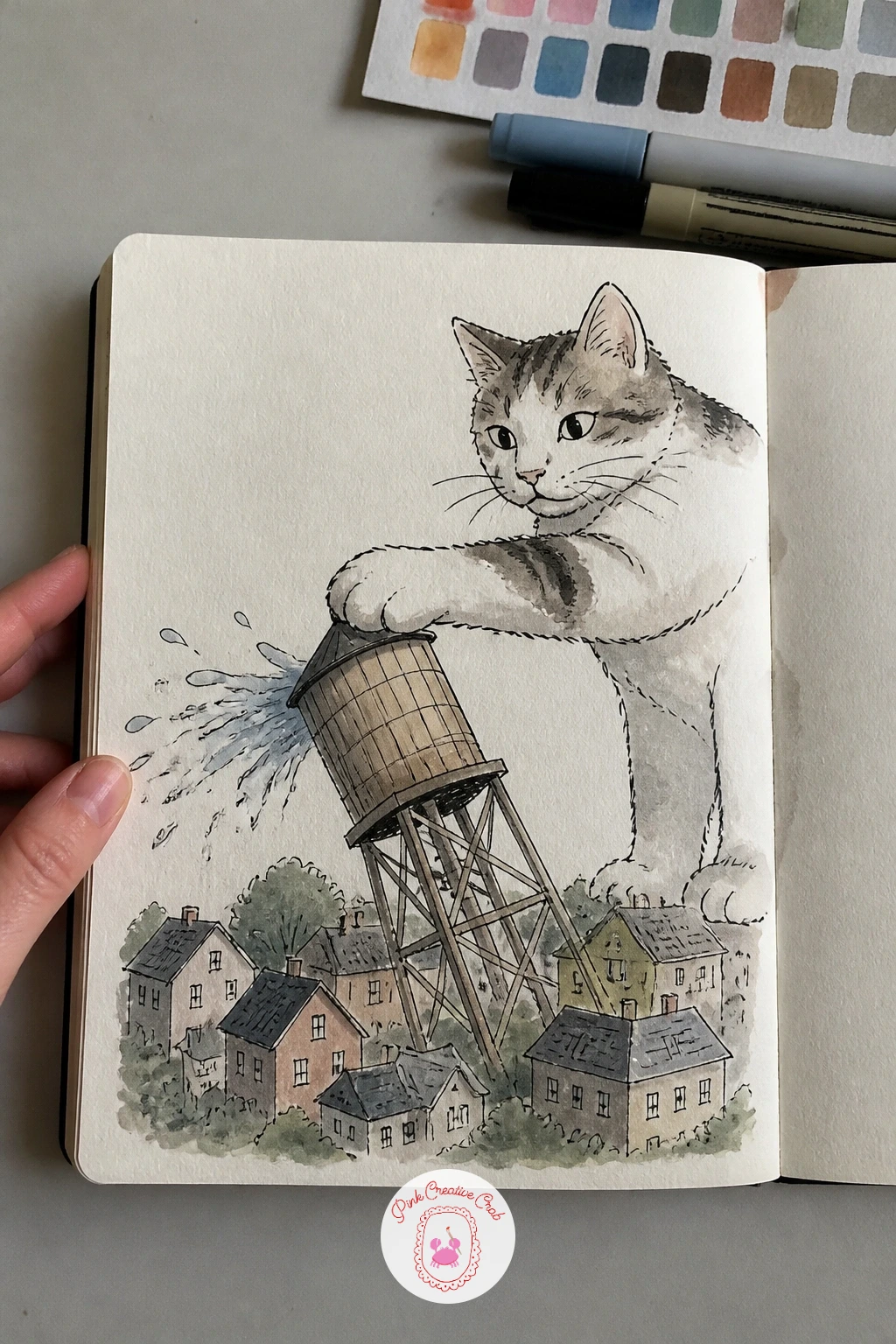 Cat Tipping Over a Water Tower — Catch a cat mid-mischief, one paw knocking a water tower off balance the way it would send a glass off a counter. Cool