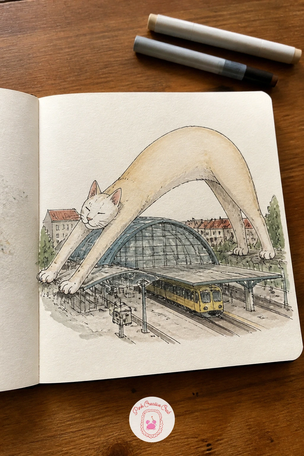 Cat Stretching Over the Train Station — Arch a cat into a full-body stretch right over a train station roof, front paws reaching past one end of the platform