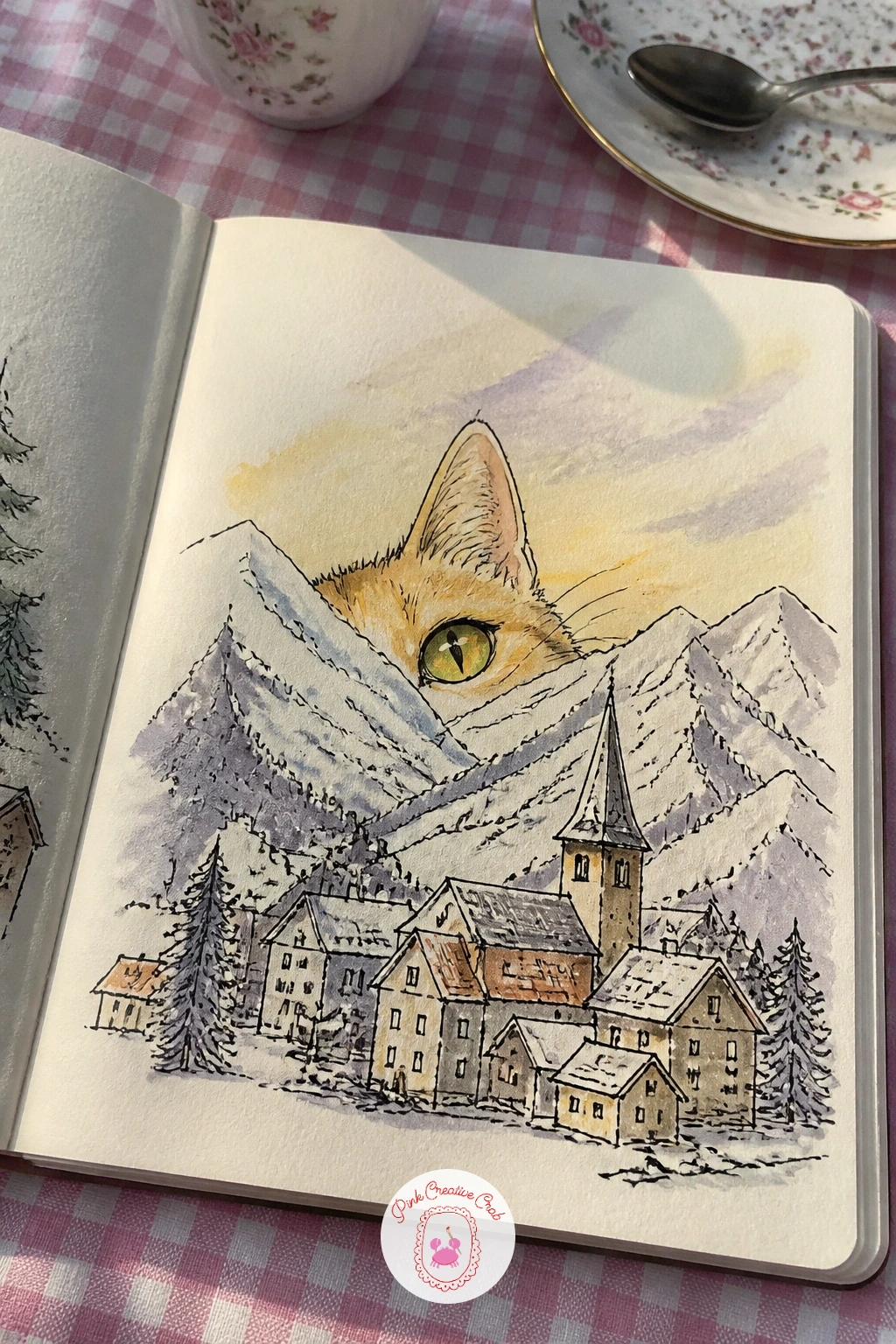 Cat Peeking From Behind a Mountain Village — Have a cat peek around the edge of a mountain village, one ear and one wide eye visible behind the peaks the way