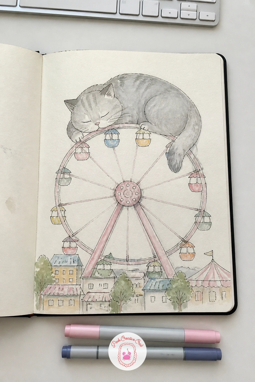 Cat Napping on a Ferris Wheel — Settle a cat into the curve of a ferris wheel the way it would curl into a round cat bed. Cool sketchbook ideas