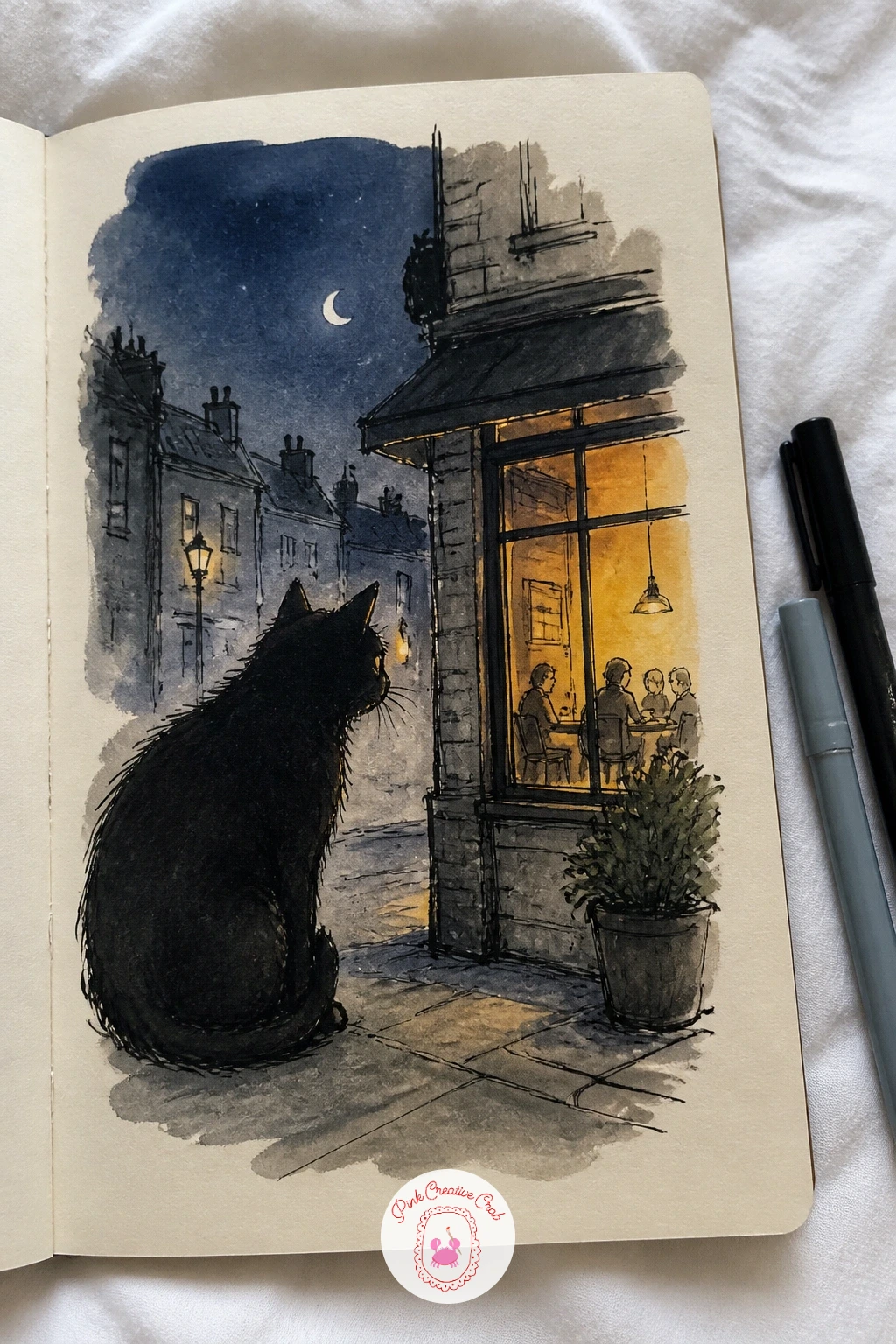 Black Cat Staring Into a Lit Cafe — Turn the mood moodier with a black cat crouched low outside a small cafe, staring in through its one glowing window. Cool