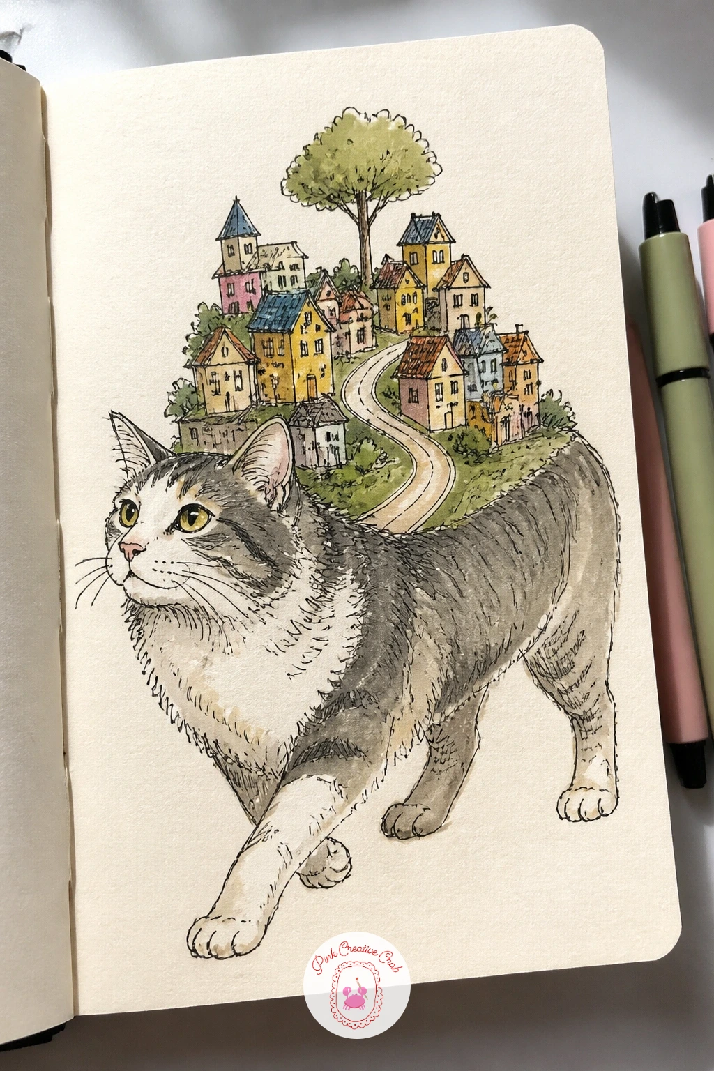 Cat Carrying a Tiny Town on Its Back — Flip the whole idea around and have a cat stroll along with an entire little town balanced on its back like a saddlebag.