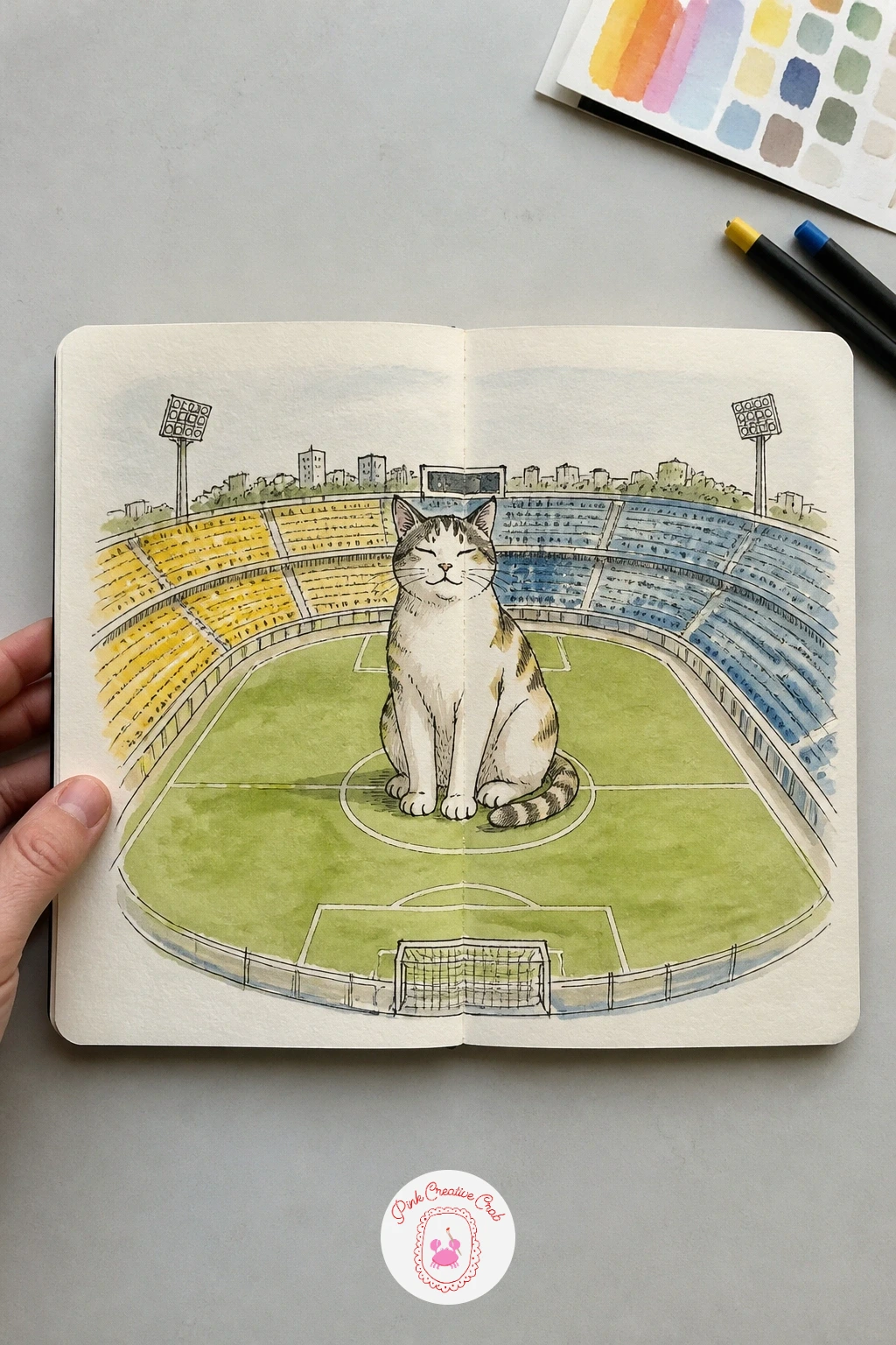 Cat Sitting in a Football Stadium — Drop a cat down into the middle of a football stadium as if it had simply wandered onto the pitch and sat, tail curled