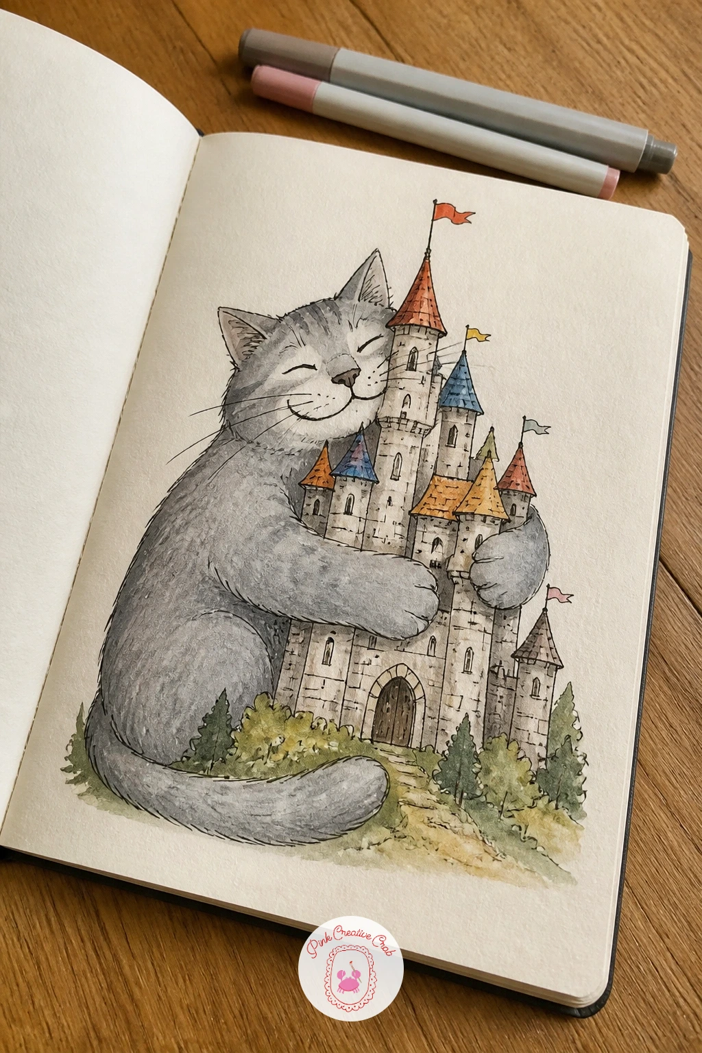 Cat Hugging a Castle — Wrap a cat's front legs fully around a small castle the way it would hug a scratching post, cheek resting against one turret. Cool
