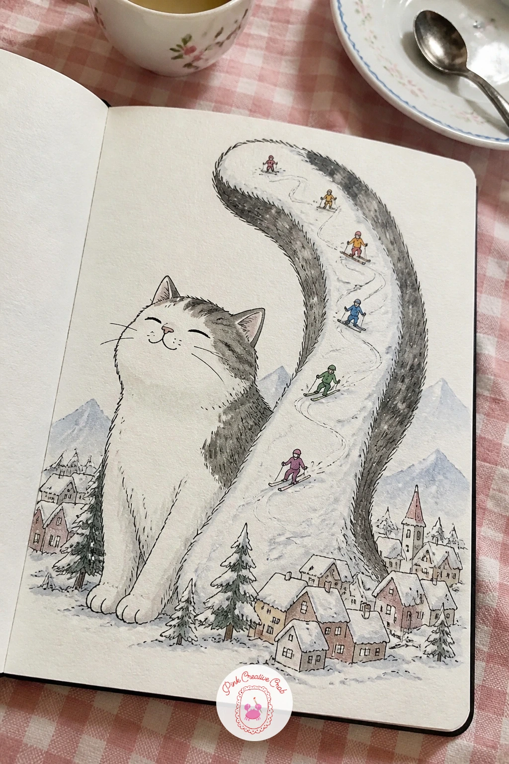 Cat Tail Used as a Ski Slope — Turn a cat's long tail into a winding ski slope, with a few tiny skiers zig-zagging down its curve. Cool sketchbook ideas