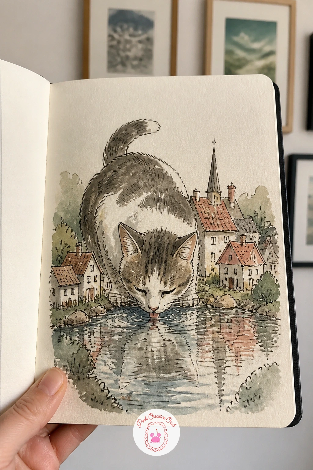Cat Lapping From a Village Lake — Bring a cat down to drink from a small village lake tucked among a handful of cottages, head bowed low with its tongue just
