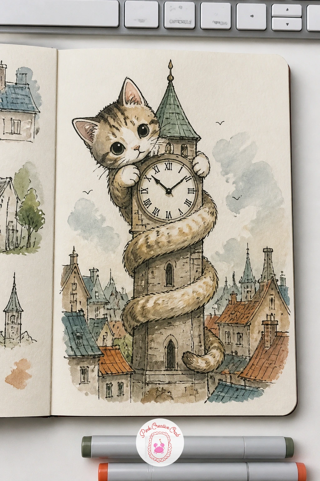 Kitten Wrapped Around a Clock Tower — Switch to a playful kitten this time, small enough that a clock tower looks like a tall toy it has climbed and wrapped