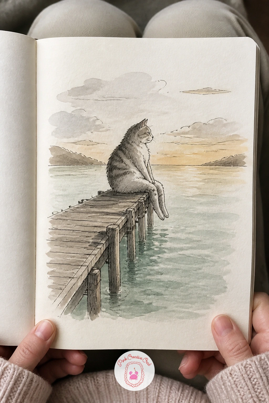 Cat Sitting at the End of a Pier — Place a cat at the very end of a long wooden pier, legs dangling off the edge over the sea the way it would sit at the edge