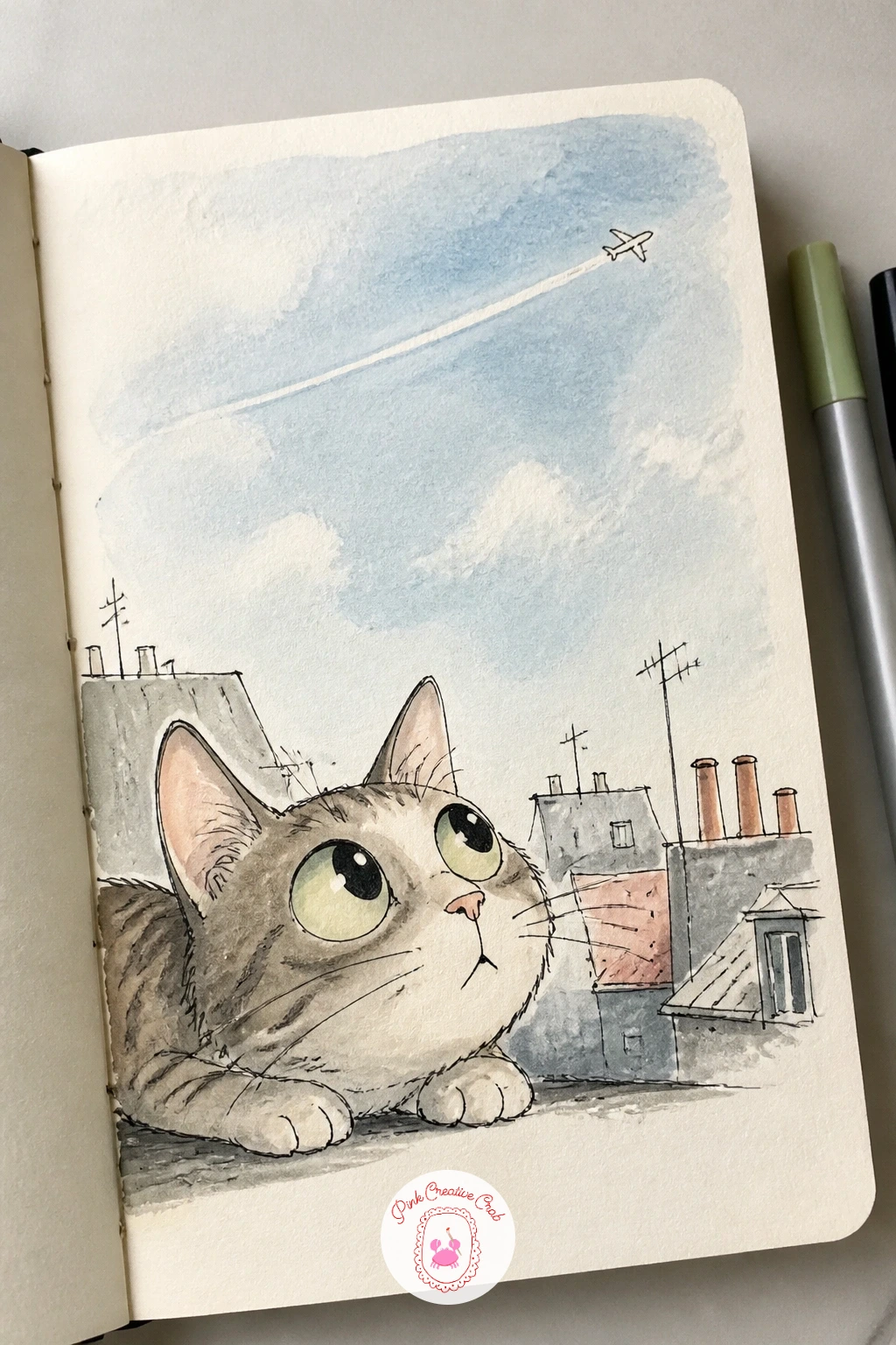 Cat Watching a Tiny Plane — Have a cat crouch low and track a tiny plane crossing the sky above a small town, eyes wide and ears pricked the way it would watch