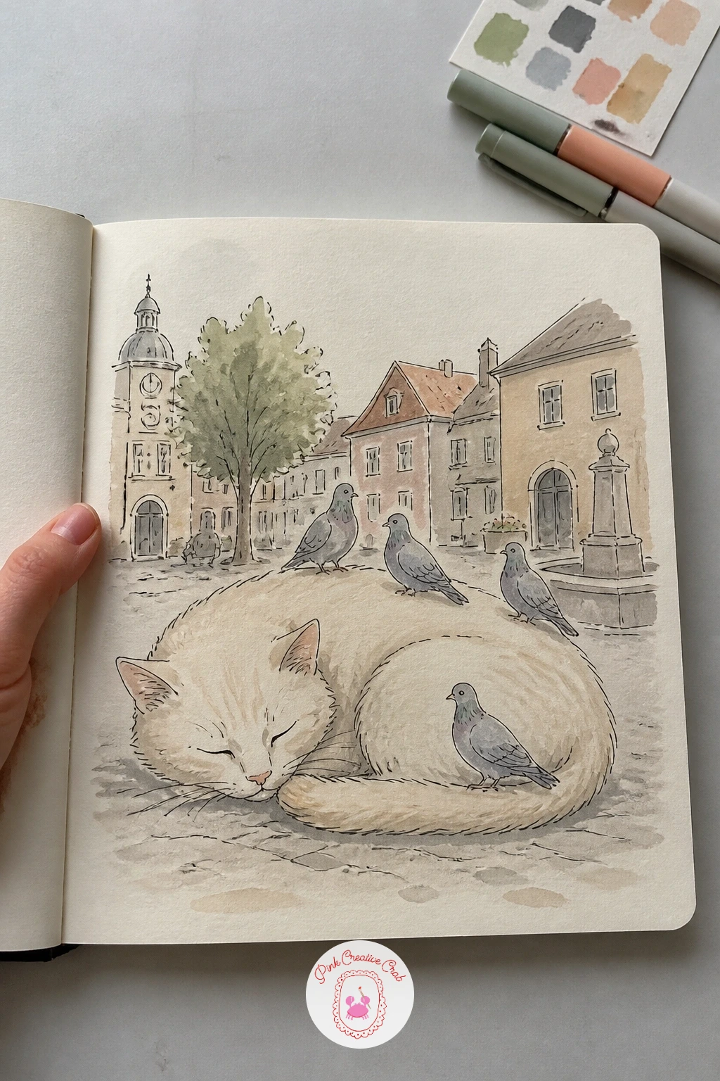 Cat Asleep in a Town Square With Pigeons — Close the set with a cat fast asleep right in the middle of a town square, so comfortable that a small flock of