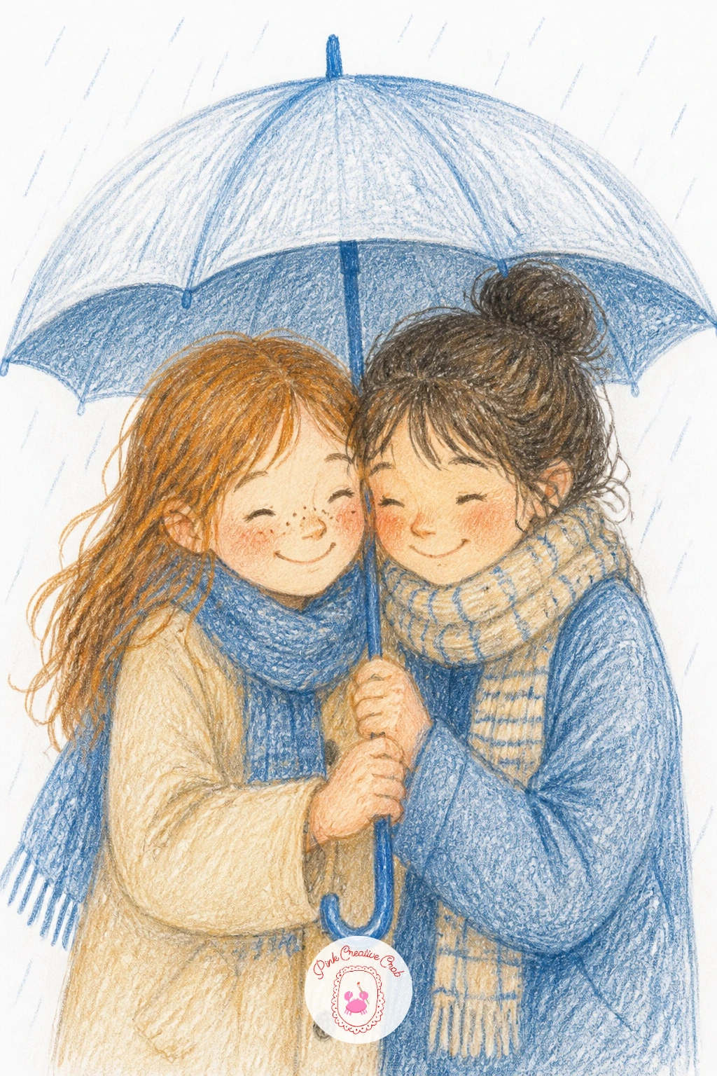 Two Friends Sharing an Umbrella — Start the whole set with two friends sharing an umbrella, because one curved shape does most of the work for you. Friends