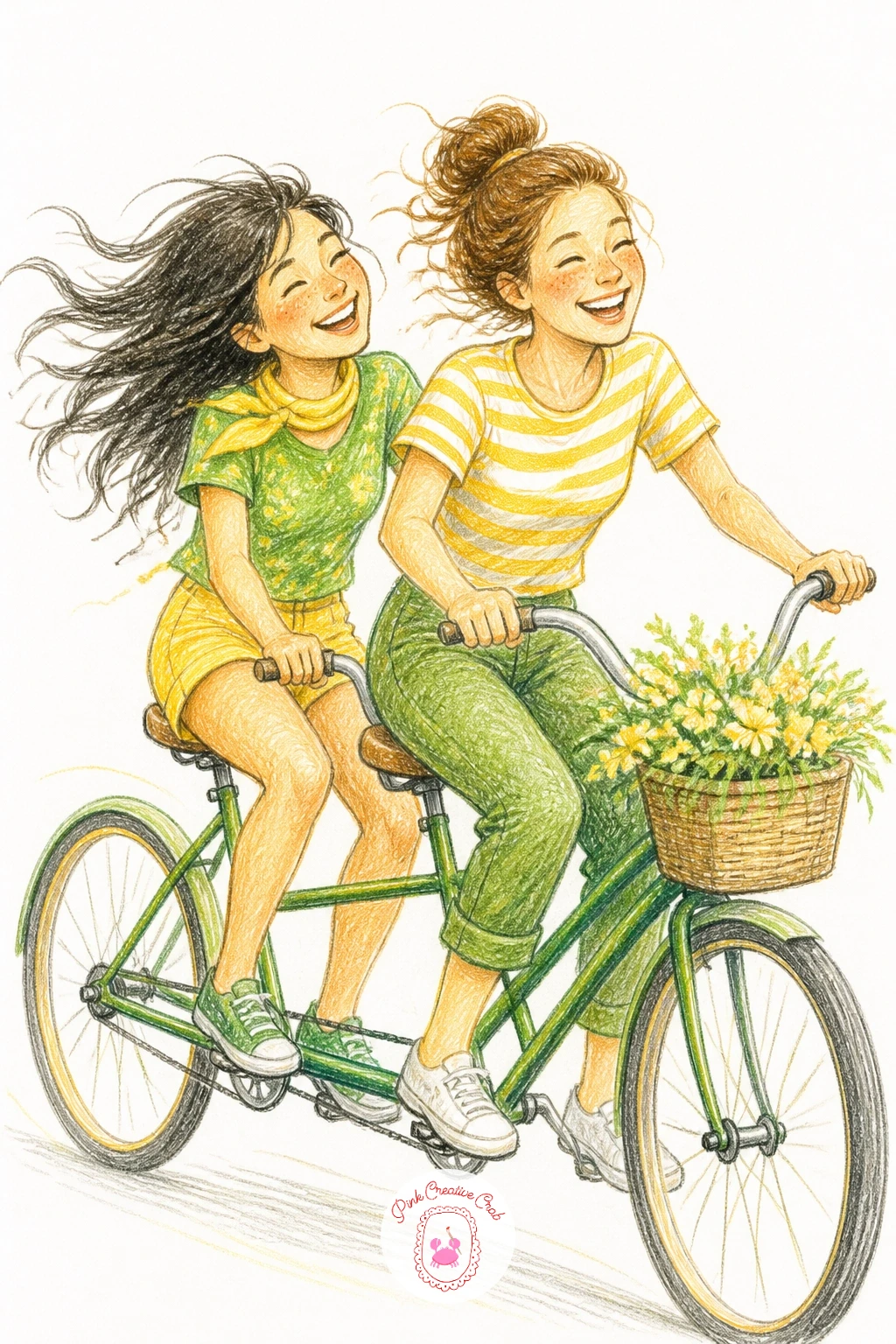 Best Friends on a Tandem Bike — Following the umbrella's single curve, a tandem bike gives you two long parallel ovals for the wheels, which keeps the whole