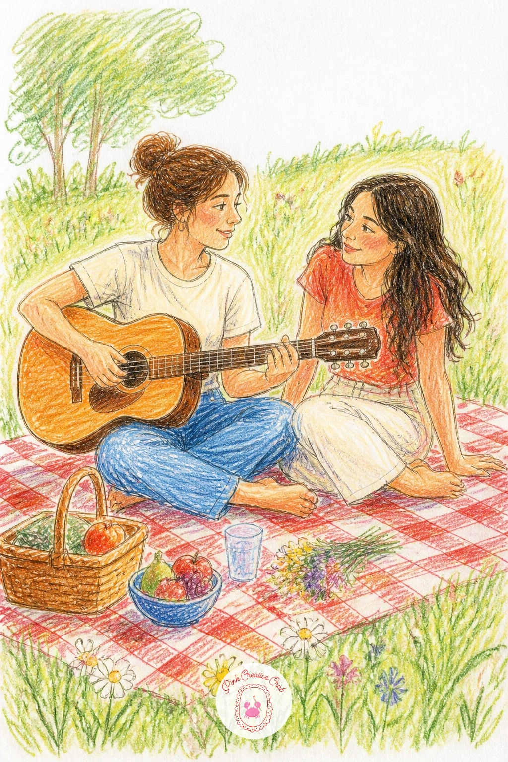 A Picnic With a Guitar — Slow the pace again with a picnic and a guitar, a scene built almost entirely around one checkered blanket shape anchoring both
